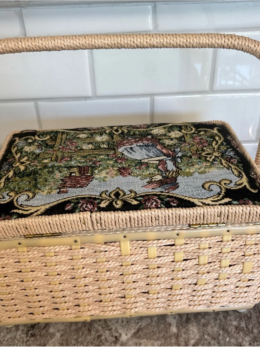 Vintage Azar Sewing Basket Tapestry, Wicker- Full Of Sewing Supplies- W/ Handle